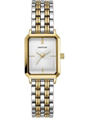 Women's Silver Gold White Two Tone Rectangular Stainless Steel Bracelet Watch